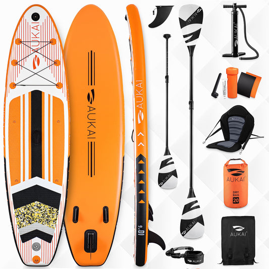 AUKAI SUP Board PRO | Inflatable Stand up Paddle Set | 320cm various models | 5 year warranty | includes special accessories | 2in1 paddle kayak seat action cam mount ankle leash pump backpack (Orange)