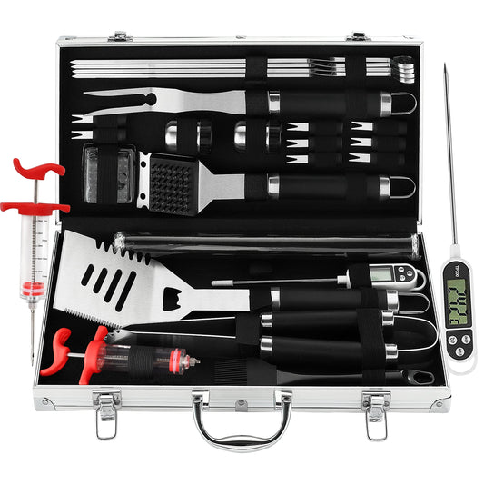 Grill accessories, grilljoy 25PCS Heavy Duty BBQ tools set in case - Stainless steel grill kit for men - Ideal grill case gift for men and women on Father's Day, birthday, Christmas.