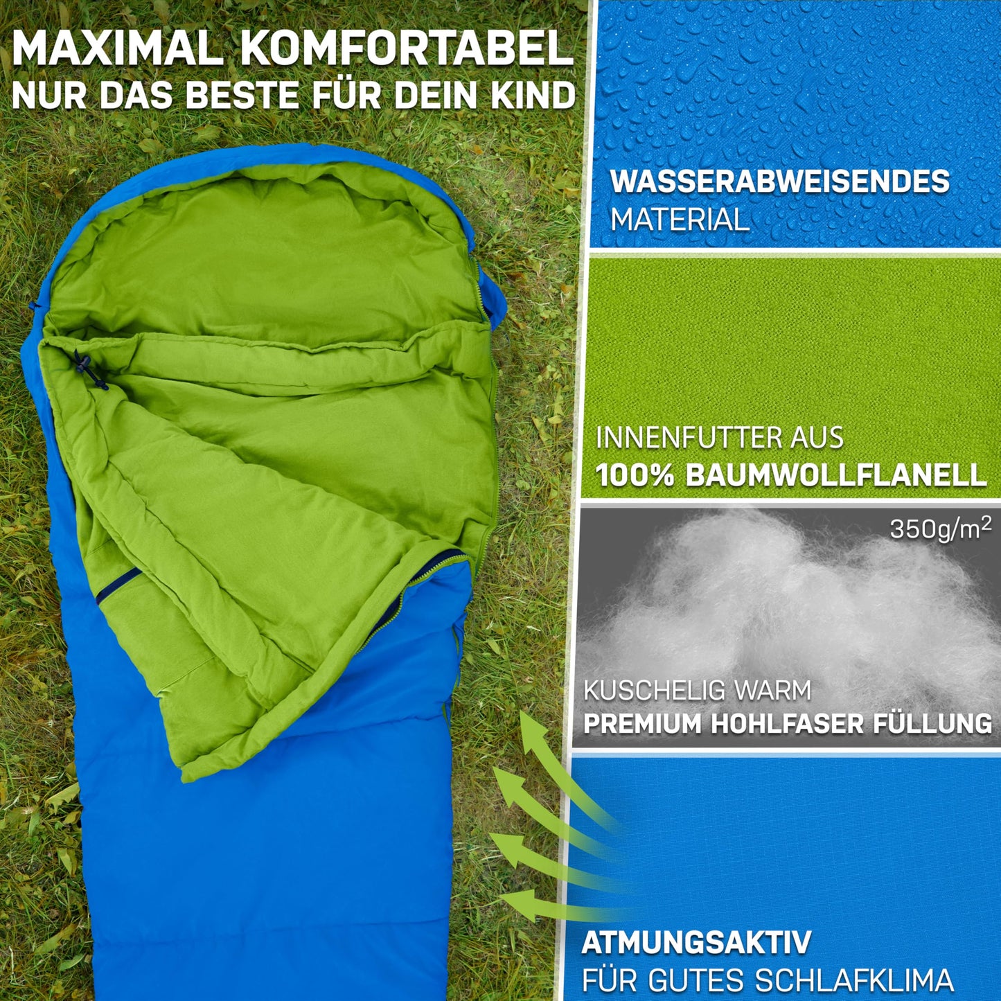 NORDBÄR® Kids Sleeping Bag for boys & girls up to 145cm height | 100% cotton lining | Mummy style bag, light & warm | Children's outdoor sleeping bag [1200g]