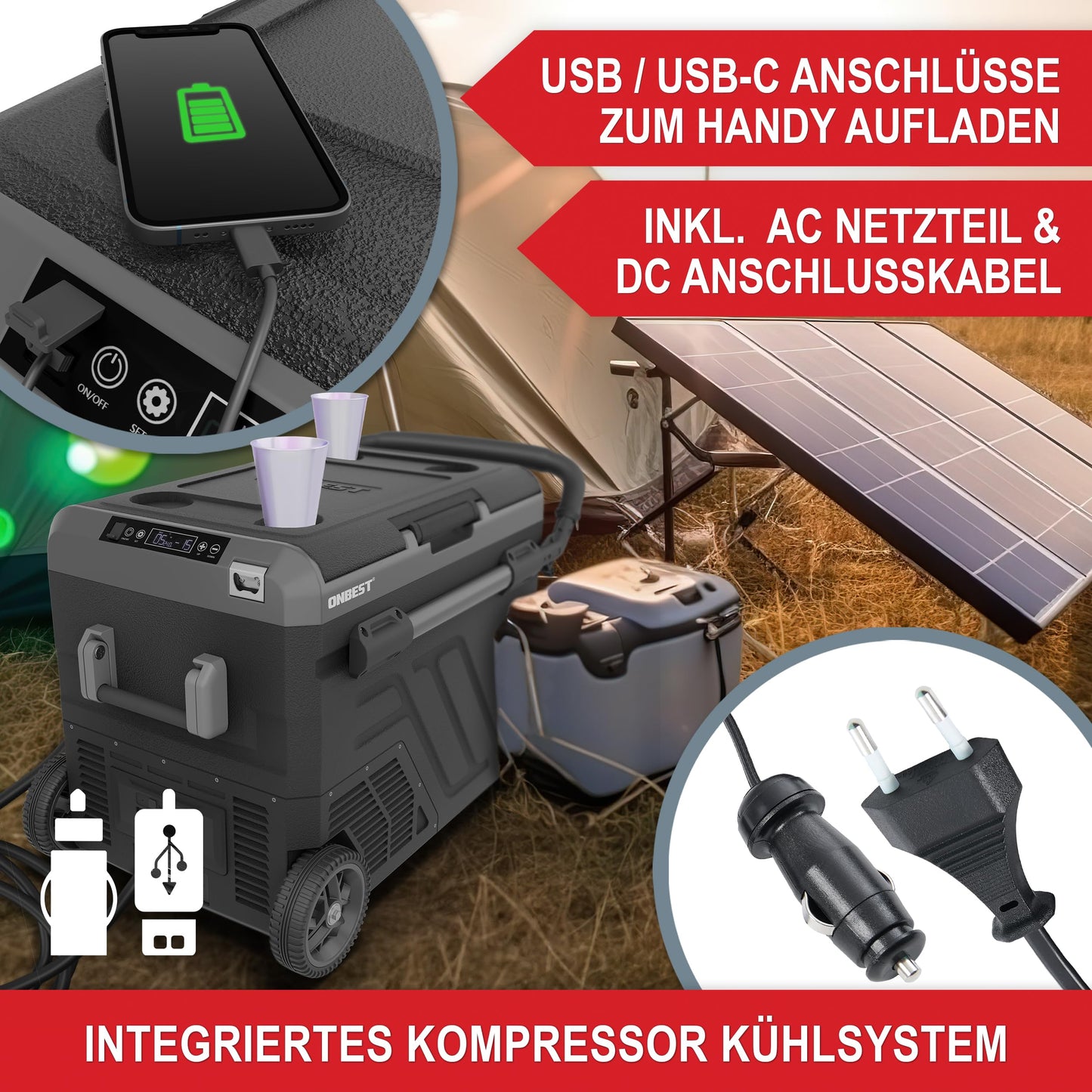 ONBEST Compressor Cooler Box 50L - Electric cooling and freezing box with telescopic handle - 12V/230V connection - Ideal for car, camping, and outdoor activities - Integrated accessories
