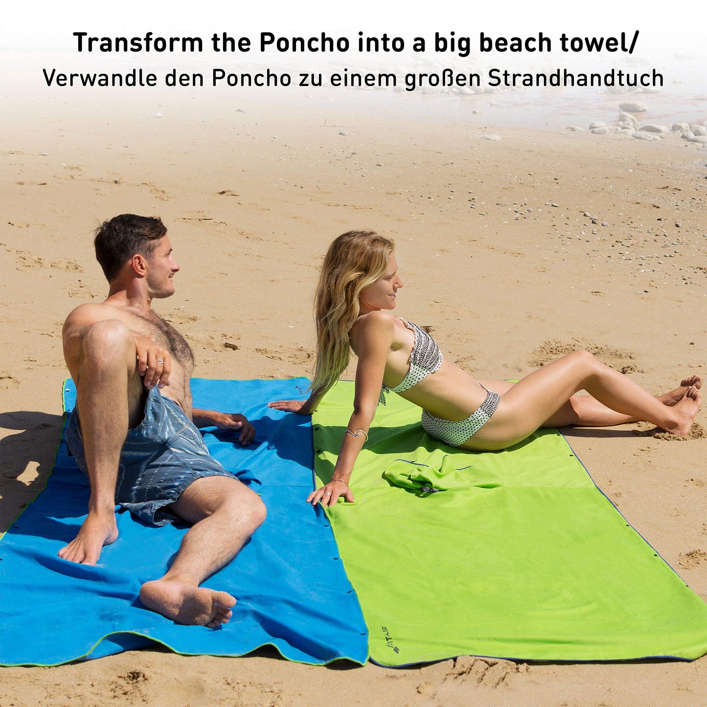 Fit-Flip Beach Poncho for surfers - quick-drying microfiber towel poncho - changing aid for beach - ultralight surf ponchos - adult bath poncho (size M, green/dark blue)