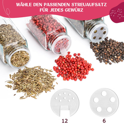 Happy Lemuro 24-Piece Spice Jar Set [120ml] with 301 labels in German | Spice jars with shaker tops, premium stainless steel lids & accessories - spice container set, spice storage, spice organizer