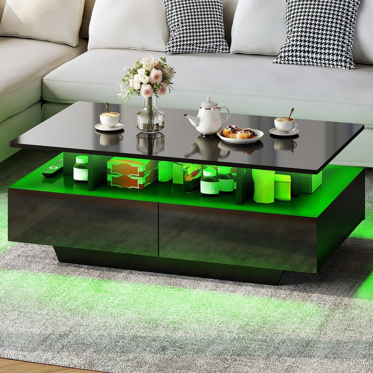 YITAHOME Black Coffee Table, High Gloss Living Room Table with 16-Color LED Lighting, Modern Black Side Table with Open Display Shelf and 4 Pull-Out Drawers 90x55x41.1 cm