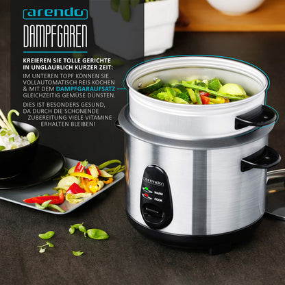 Arendo - Rice cooker stainless steel with keep warm function and steamer function - Steamer - 1.5 liter capacity - Housing brushed aluminum