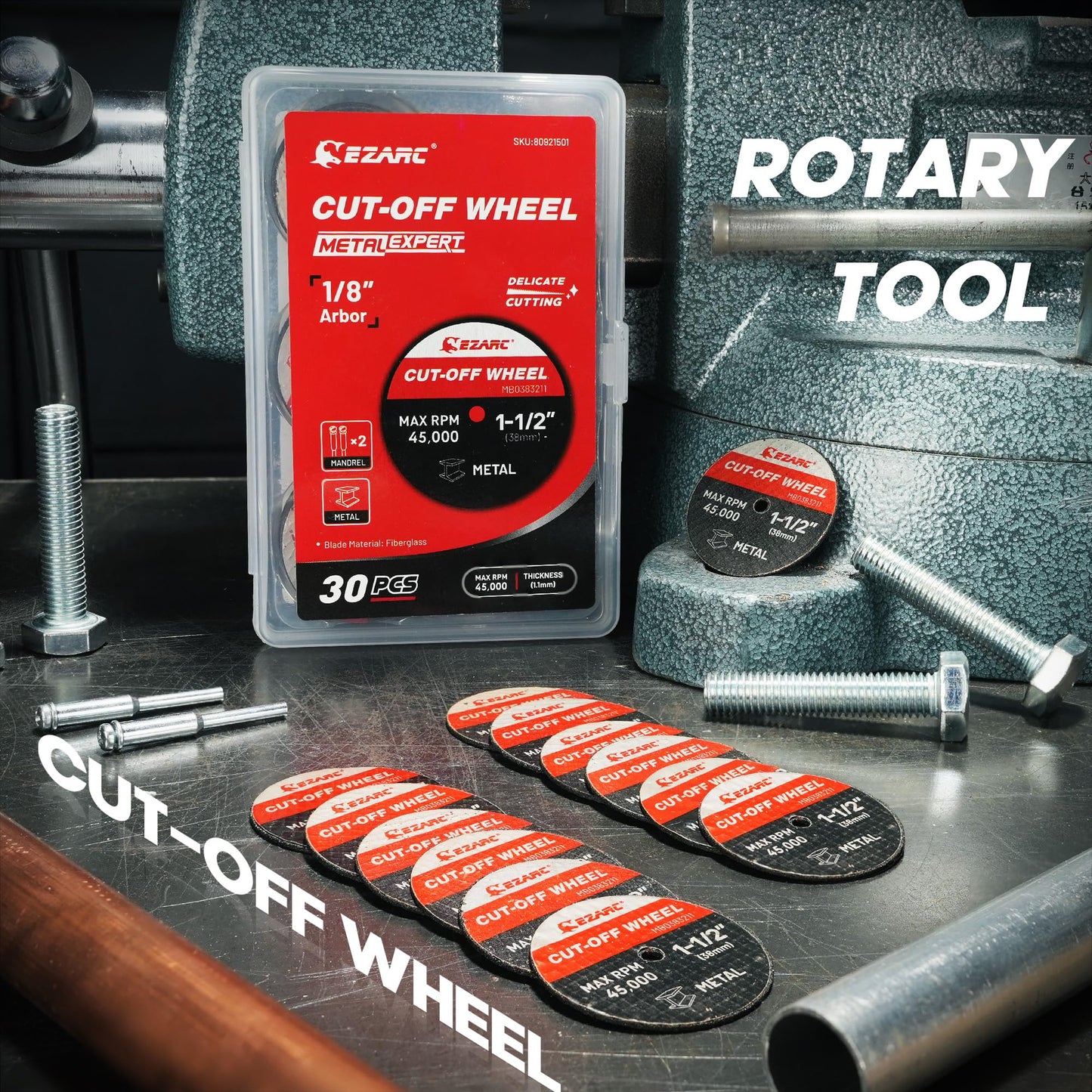 EZARC 38mm Cut-off Wheels Set - 32 Pieces, Cutting Discs for Rotary Tools, Precise Cuts, for Metal, Aluminum, Steel, and more - Includes 2 Mandrels