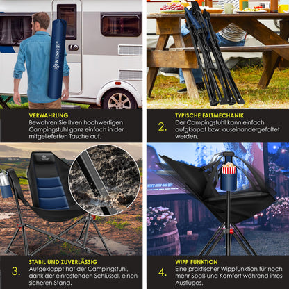 KESSER® Camping chair foldable rocking chair up to 160 kg | Fishing chair folding chair padded | Camping light and drink holder + bag with high backrest | Beach chair with rocking function