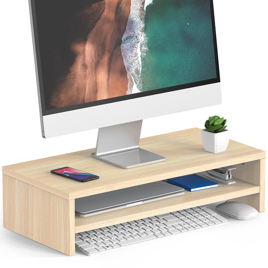 FITUEYES monitor stand with 2 levels, 54 x 25.5 cm, large computer laptop stand with storage for keyboards, desk organizer for home and office supplies, oak color.