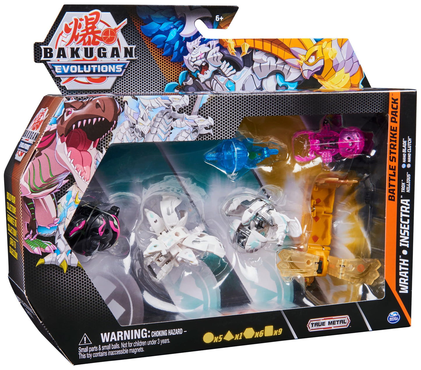 Bakugan 'Evolutions' Battle Strike 6-pack with 1 Platinum Ball (Haos Wrath), 2 Basic Balls (Darkus Trox, Haos Nillious), 1 Geogan (Aurelus Insectra), 2 Nanogan (Aquos Blade, Darkus Clutch)