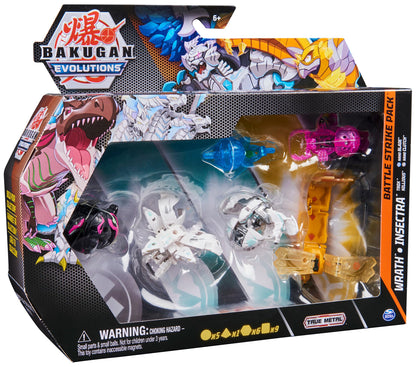 Bakugan 'Evolutions' Battle Strike 6-pack with 1 Platinum Ball (Haos Wrath), 2 Basic Balls (Darkus Trox, Haos Nillious), 1 Geogan (Aurelus Insectra), 2 Nanogan (Aquos Blade, Darkus Clutch)
