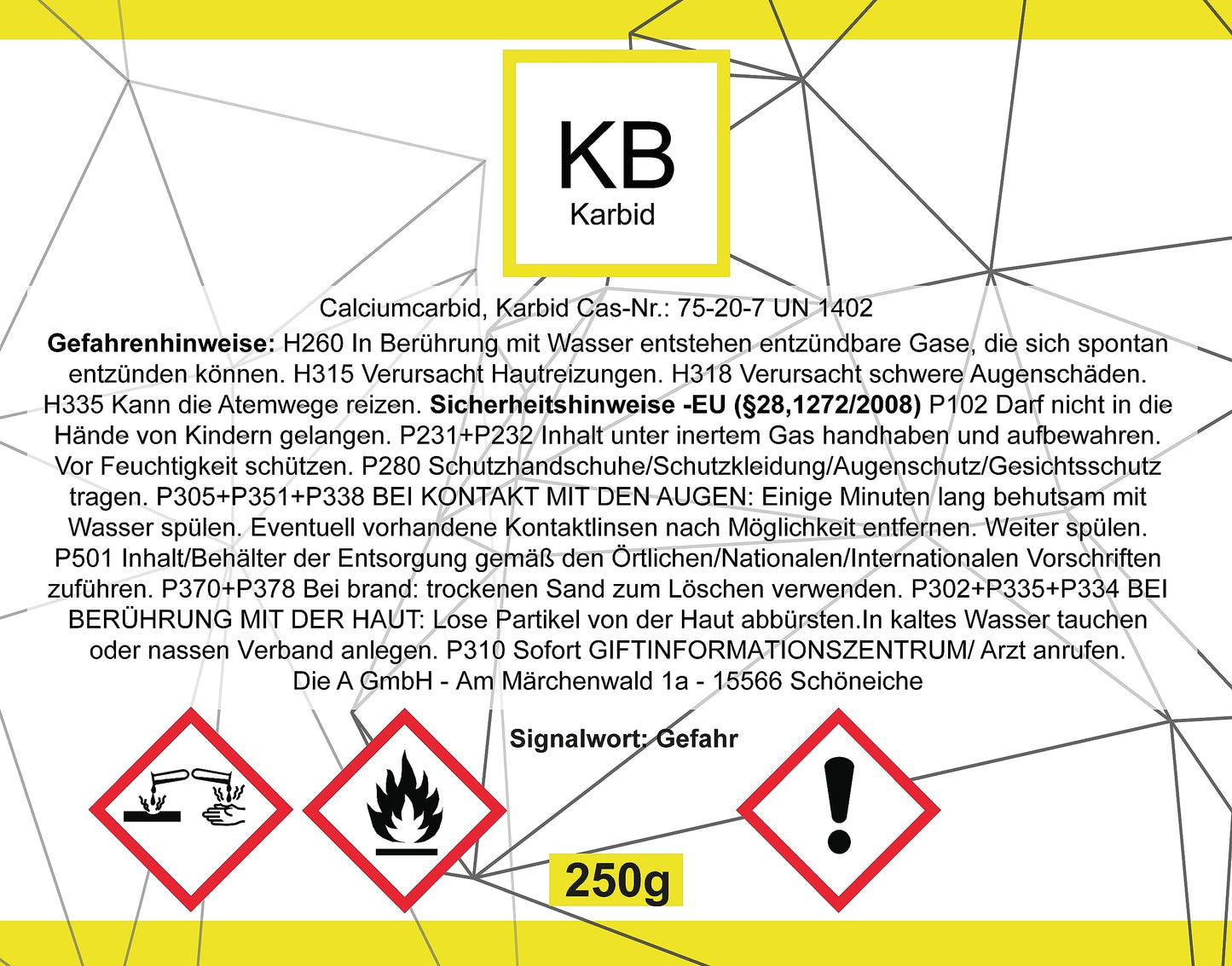 ButKarCHEM Karbide (also known as calcium carbide stones) with only 3% dust content produce long-lasting gas for carbide lamps. (Lab number 33469187) Immediate 24-hour shipping available for 1x250g order.