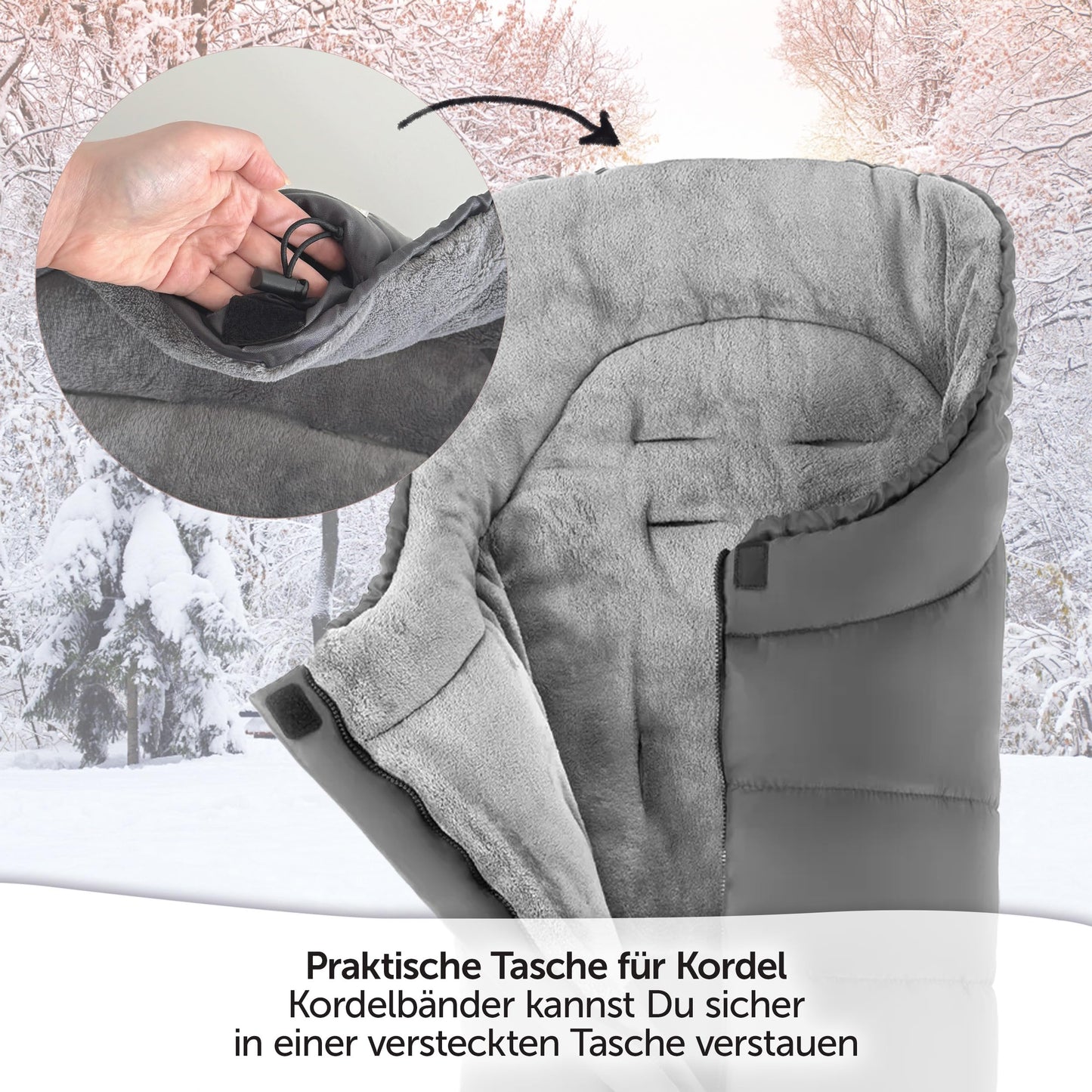 Zamboo footmuff for Joie stroller (fits Litetrax, Mytrax, Chrome) - winter footmuff for strollers, with reflector, hood function & pocket - Grey