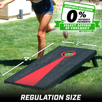 GoSports Cornhole Set, regulation size wooden boards (120 x 60 cm), dark wood design, 2 boards, 8 bean bags, carrying case, and game rules.