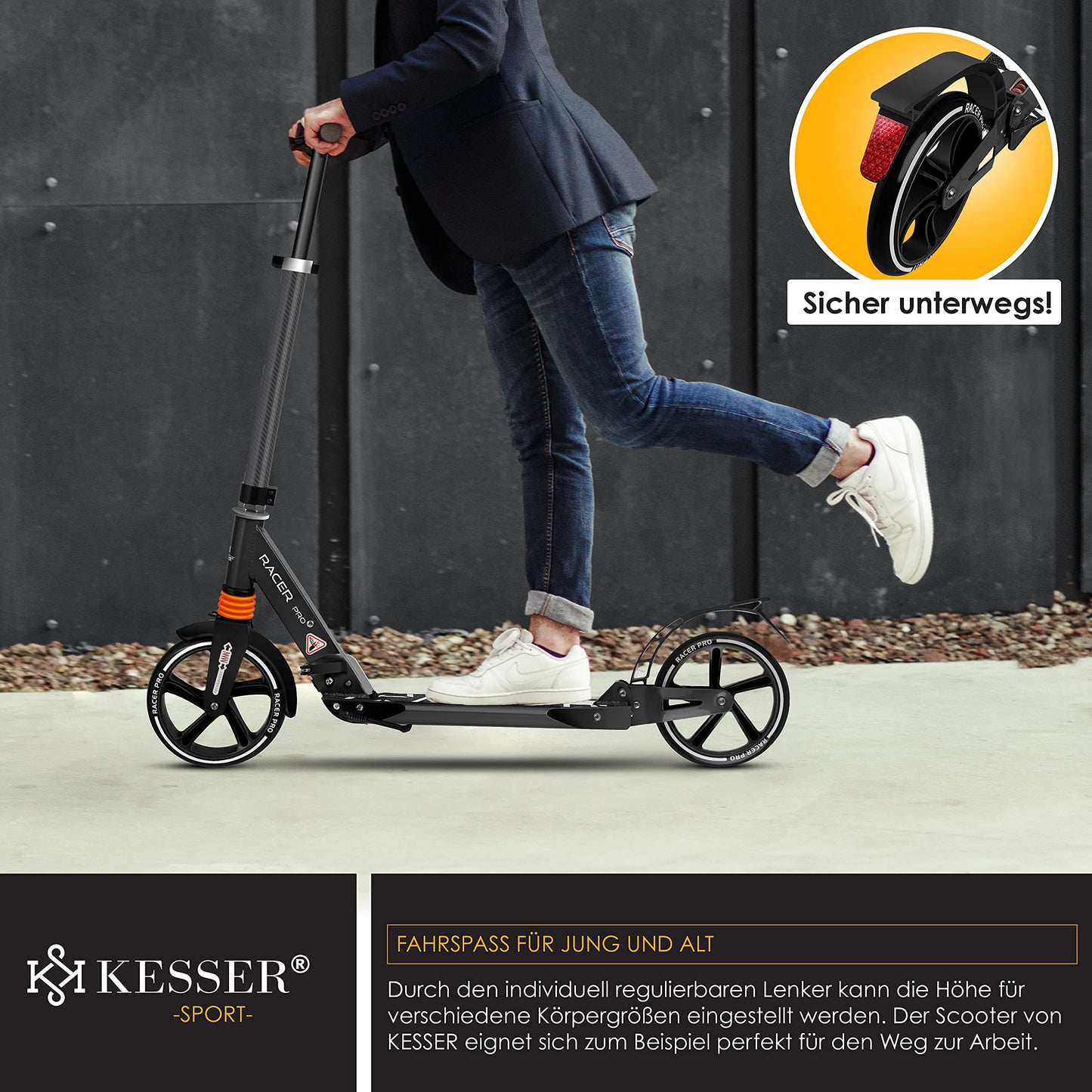 KESSER® City Roller Scooter 205mm Wheels PU Big Wheel - Pro-S Kick Scooter with Dual Suspension, Foldable and Height Adjustable City Scooter, Includes Strap, Kick Scooter for Adults and Kids