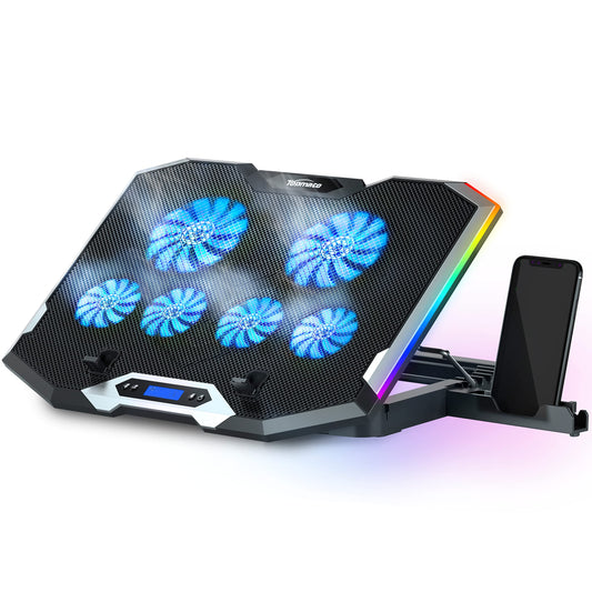 TopMate C11 laptop cooler RGB gaming cooling pad for 15.6-17.3 inch laptops, laptop fan cooling stand with 6 quiet blue fans and 5 adjustable heights, with LCD screen and 2 USB ports, 1 phone stand.