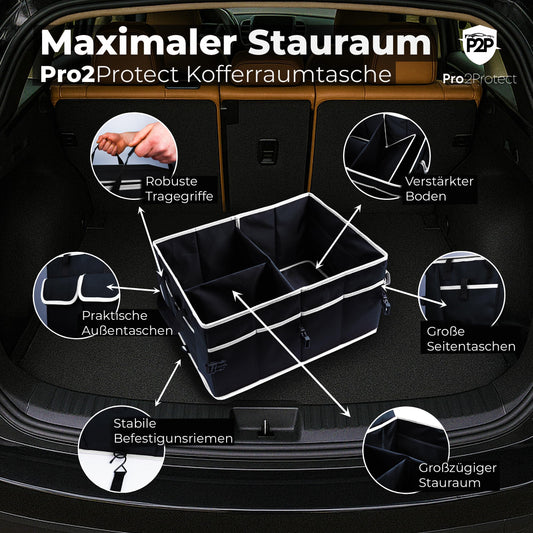 Pro2Protect PREMIUM [2x VERY GOOD test trunk organizer car accessories interior | 51x36x27cm | Large trunk bag | Foldable WATERPROOF | Car bag box | Gifts for women and men