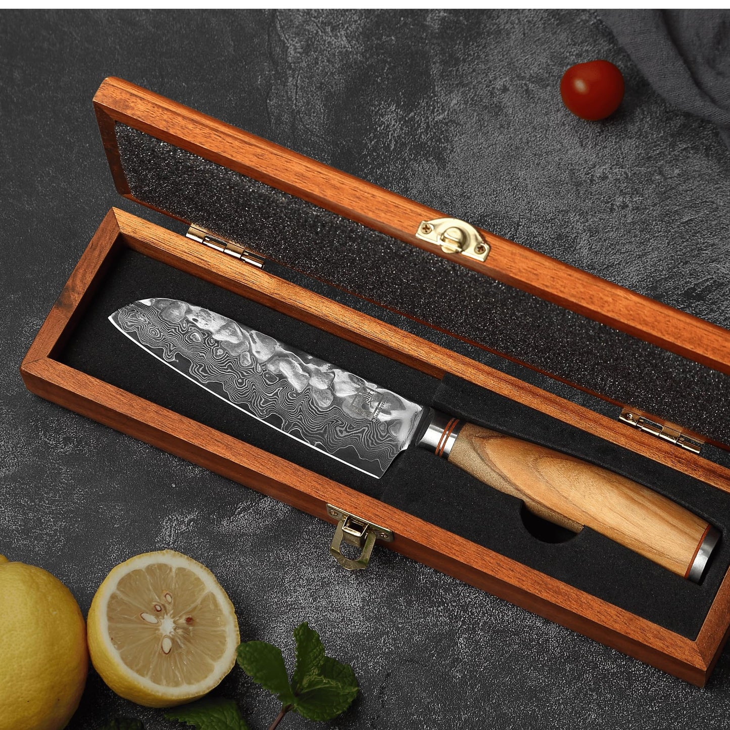 zayiko Minami Premium small Santoku knife with 12 cm blade made of 67 layers of genuine Damascus steel with hammered finish and olive wood handle I wooden box I Damascus knife kitchen knife and professional chef's knife
