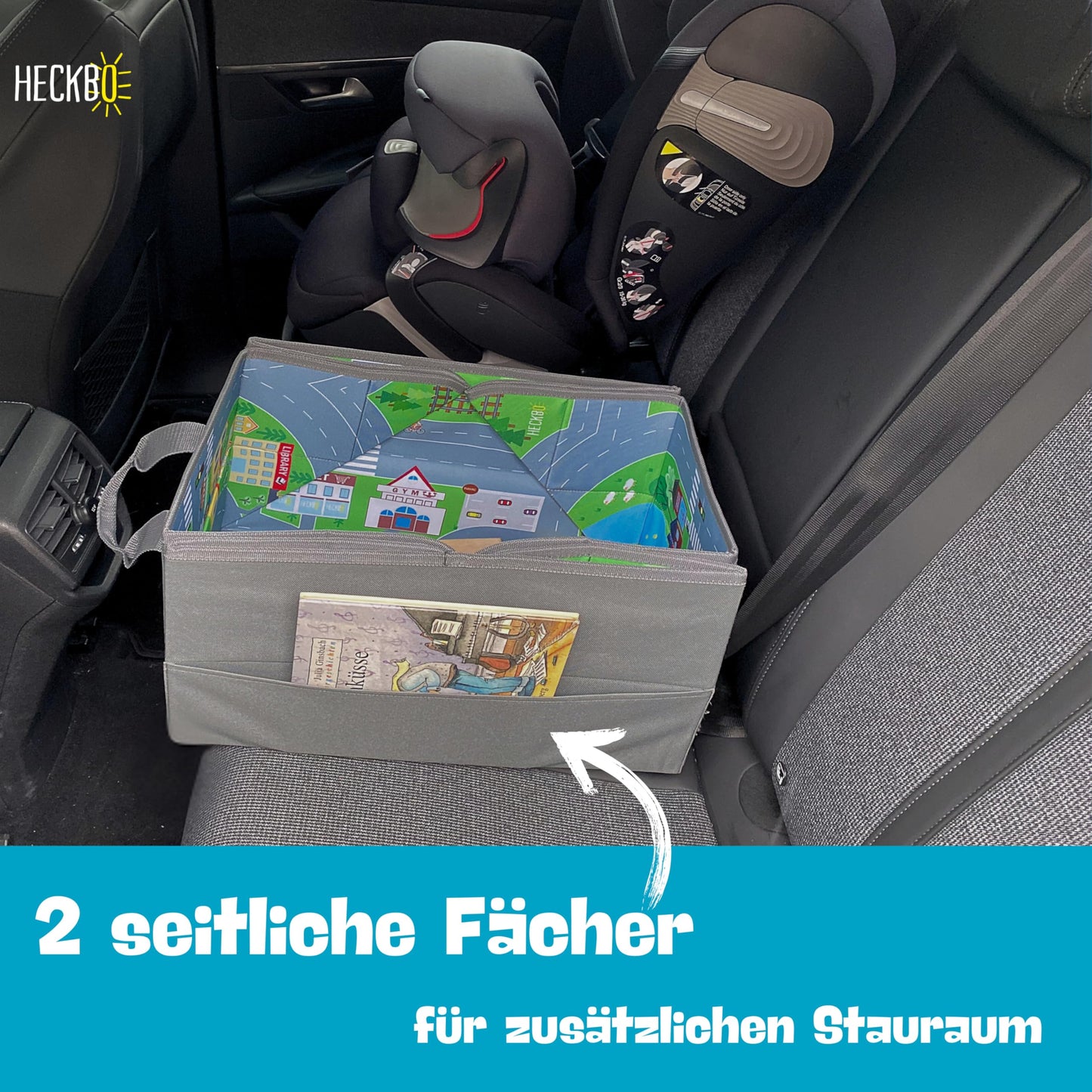 HECKBO 4-in-1 Car Organizer and Play Mat - Kids Toy Storage Box - Foldable mat with street design - Securely attaches in car, 91cm x 72cm.