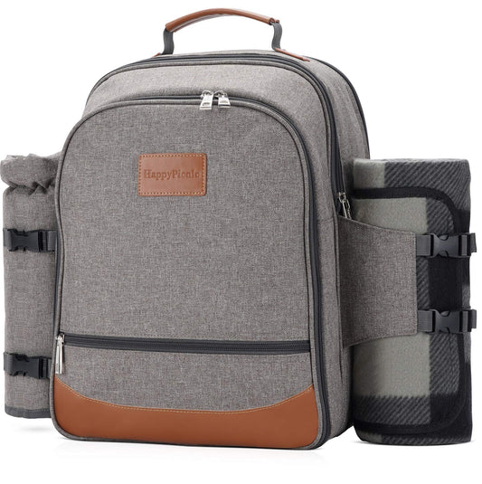 HappyPicnic Insulated picnic backpack for 4 people with complete tableware, spacious cooler compartment, bottle holders, and large waterproof picnic blanket.