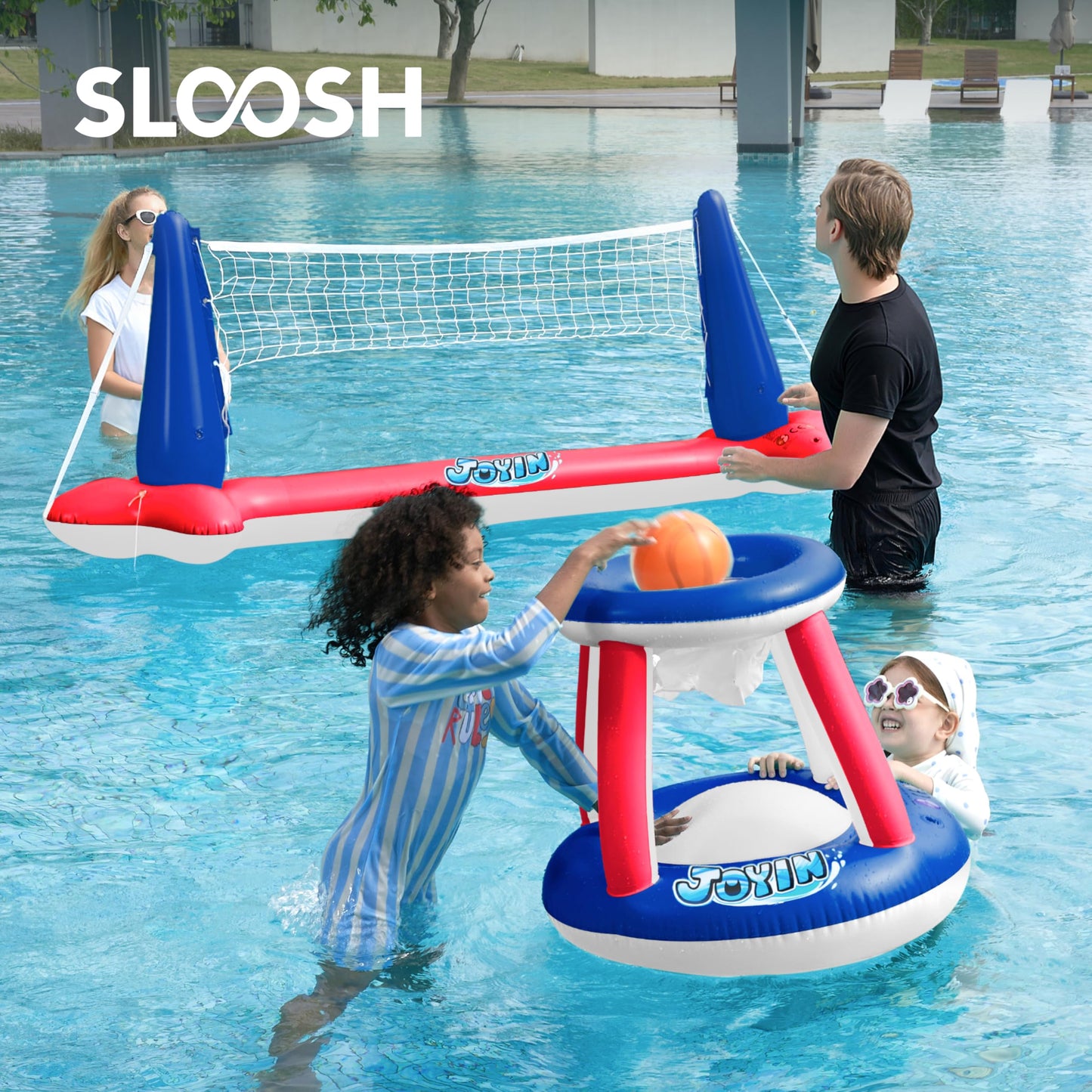 JOYIN Inflatable Pool Float Set, Volleyball Net & Basketball Hoops & Balls for Kids and Adults, Water Ball Game Pool Toy Volleyball Basketball Pool Toy, Water Sports Summer Toy