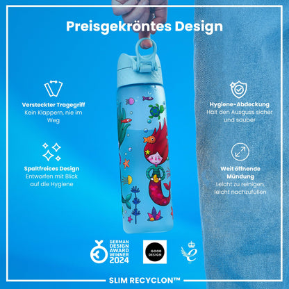 ION8 water bottle, 500ml, Leak-proof, One-handed opening, Secure locking, Dishwasher safe, BPA-free, Carry handle, Flip lid, Easy to clean, Climate neutral, Mermaids