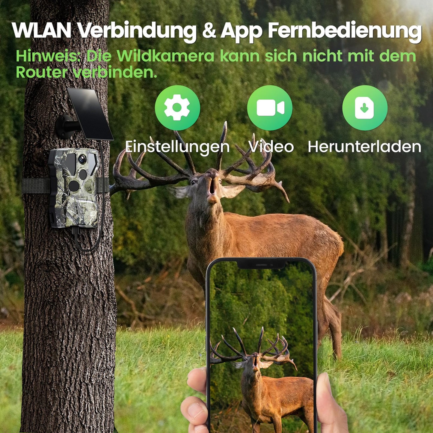 XTU Wildlife Camera with WiFi and cell phone transfer app - 64MP 2.7K Solar Wildlife camera with motion sensor night vision, 30m remote access, 0.2s trigger time 120° detection angle, with 32GB SD card 5600mAh battery