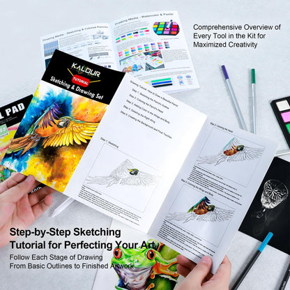KALOUR 154-piece art supplies set - sketching and drawing set with sketchbook, tutorial book, drawing paper - graphite, colored, charcoal, watercolor, and metallic pencils - drawing tools for artists and.