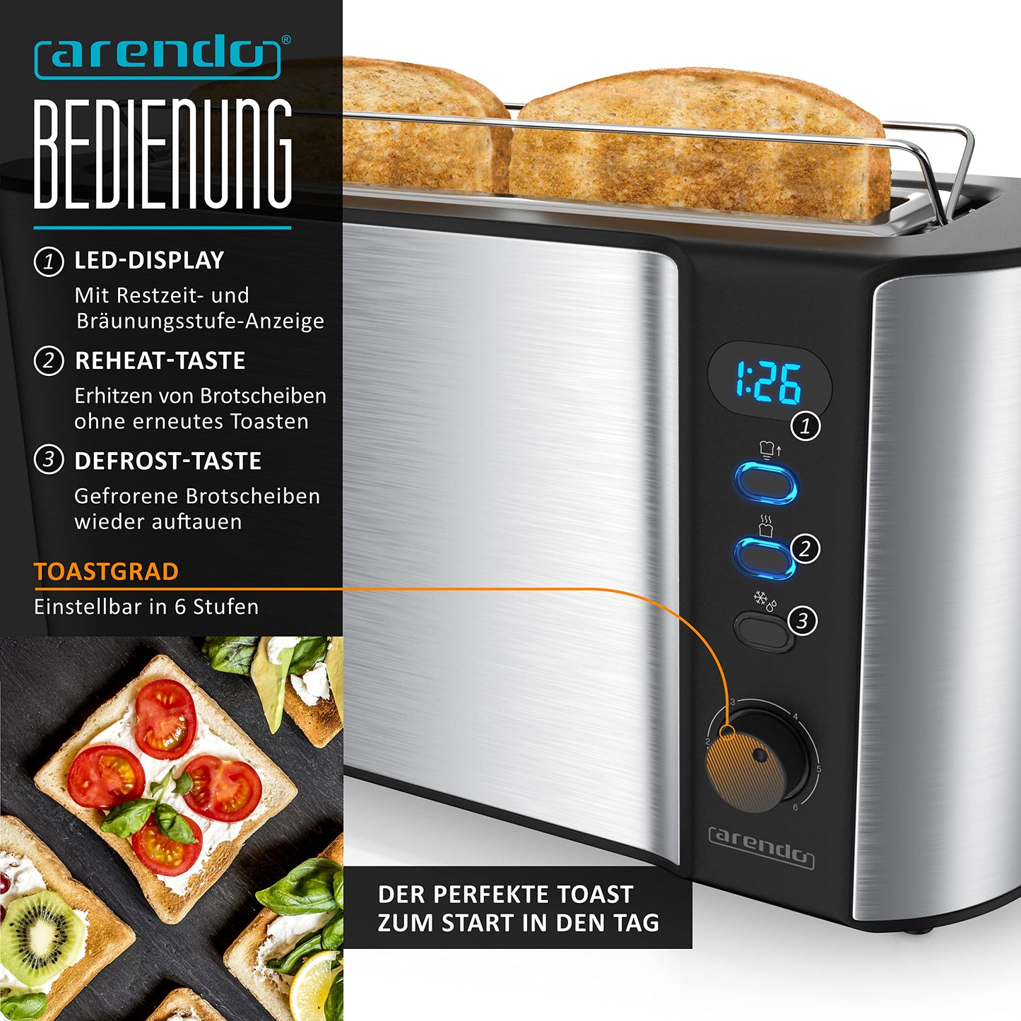 Arendo - Kettle with Toaster SET, Stainless Steel Glass Kettle with Tea Infuser + Temperature Control 1.7 L - Stainless Steel 2 Slice Long Slot Toaster Stainless Steel Egg Cooker for 1-3 Eggs