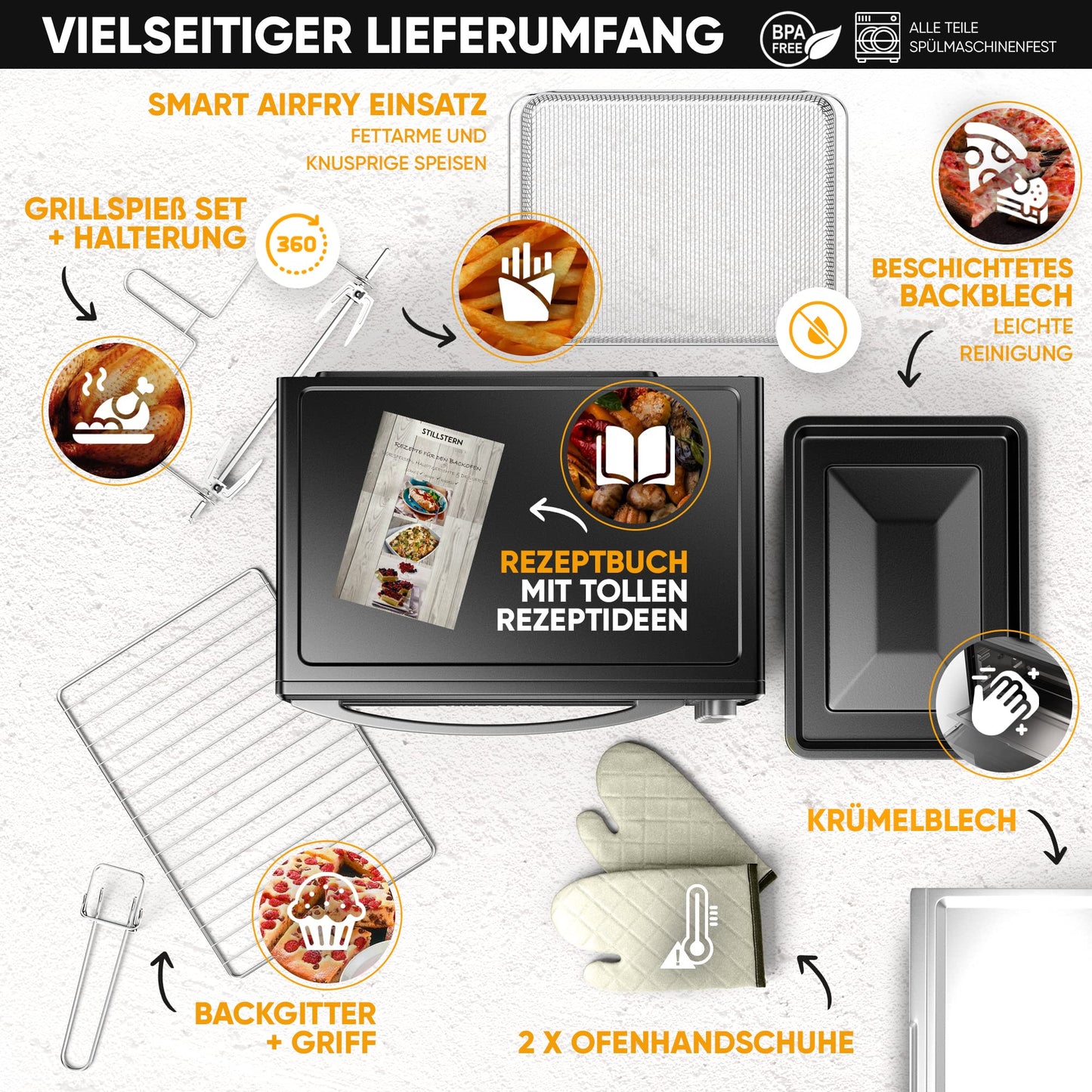 Stillstern Mini Oven with Fan 60L (DE Version) Pizza Ø40, CYCLONE PRO+ Non-Stick Coating, Defrost, 2h Timer, Camping Mini Fan Oven Pizza Oven Mini Oven Small Rotisserie Chicken Grill with Rotisserie.