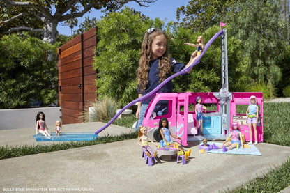 Barbie Super Adventure Camper Vehicle, with 7 play areas, including pool and slide, 60 camping accessories, doll, gift, suitable for ages 3 and up, HCD46.