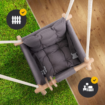 SWINGG® Baby Swing Indoor Outdoor - Comfortable baby swing with safety belt | sturdy mounting set & anti-slip seat cushion | Door frame swing made of wood & cotton, certified for EU.