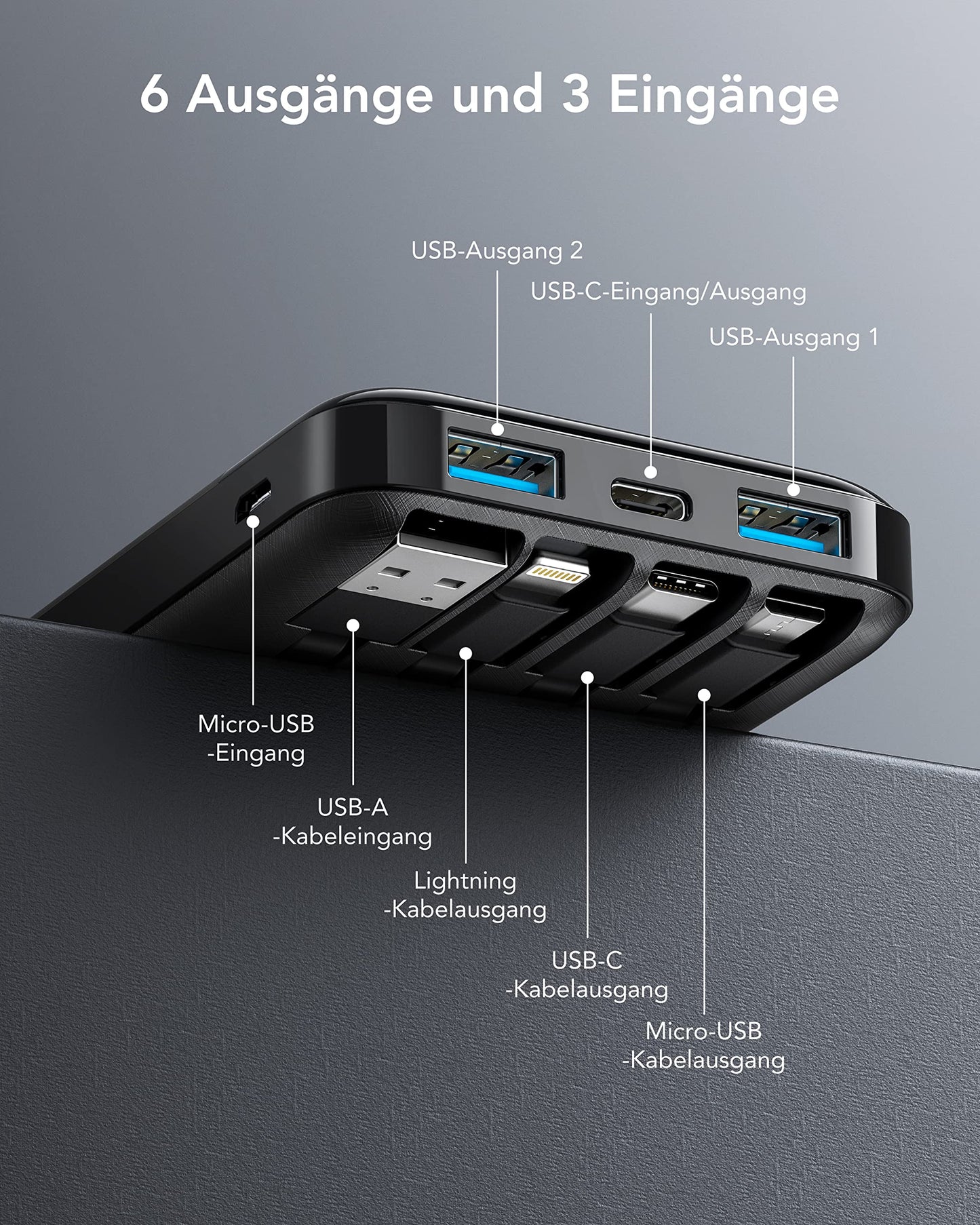 Charmast Powerbank 10000mAh External Battery USB C Power Bank with 4 Built-in Charging Cables Portable Charger LED Display Compact Slim 6 Outputs Compatible with iPhone, Huawei, Samsung Tablet