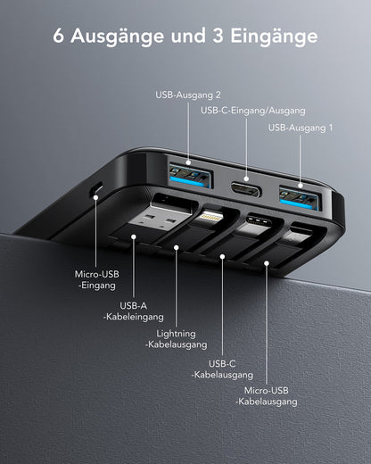 Charmast Powerbank 10000mAh External Battery USB C Power Bank with 4 Built-in Charging Cables Portable Charger LED Display Compact Slim 6 Outputs Compatible with iPhone, Huawei, Samsung Tablet
