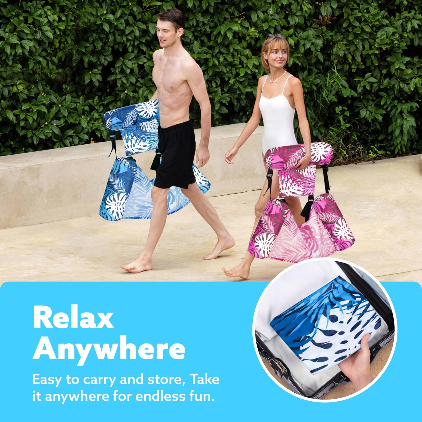 SLOOSH Inflatable Pool Float for Adults, 2 Pack Floating Pool Rafts, Inflatable Pool Noodles for Adults, Floating Chair for Parties, Summer, Water, Beach, Tropical Leaves, Pink, Blue