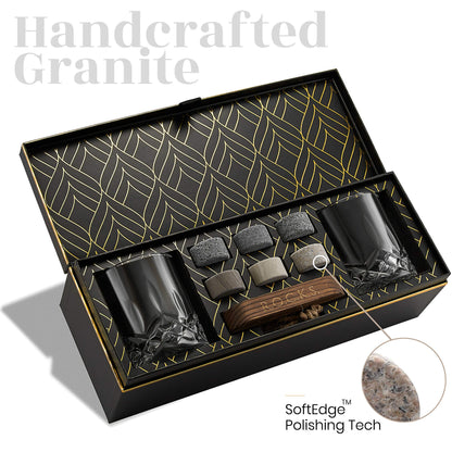Whiskey Stones Set - 6 Handcrafted Round Granite Whiskey Stones - 2 Crystal Whiskey Glasses - Presentation and Storage Board made of Hardwood - Whiskey Gift Set Box with Gold Foil by Rocks