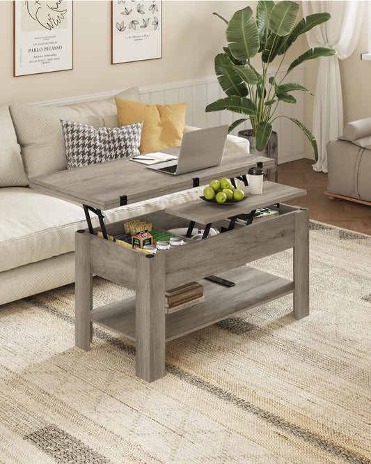 Height-adjustable coffee table, 3-in-1 multifunctional living room table, hidden storage, open shelf, can be used as a dining table, for living room, office, gray