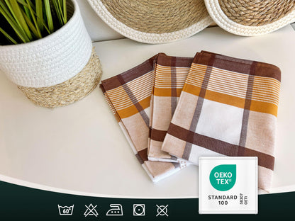 ZOLLNER 4-piece set of cotton kitchen towels in 50x70 cm - absorbent and durable - machine washable up to 60°C - brown checkered design - gastronomy quality - Oeko Tex® certified.