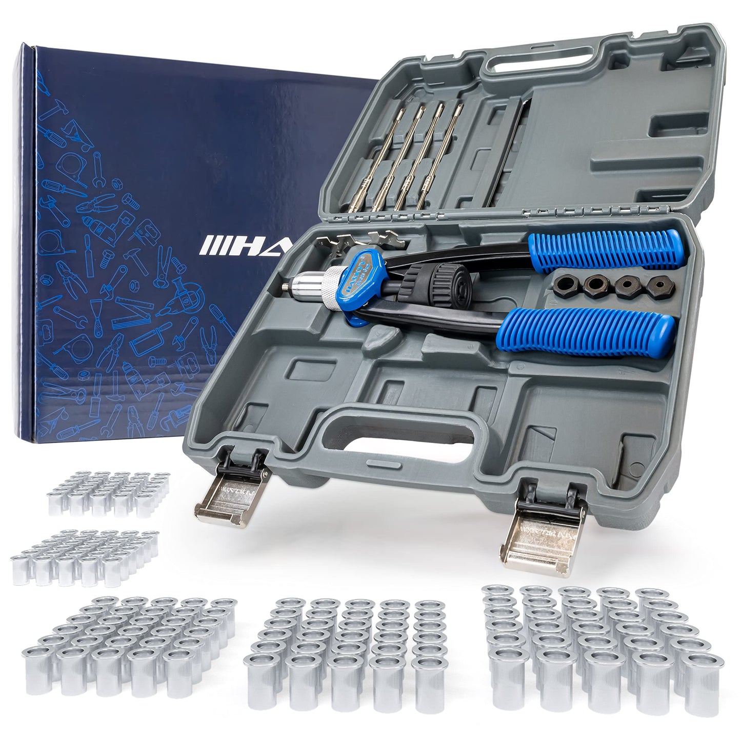 Professional rivet nut tool set includes rivet nut gun and 150 steel rivet nuts in M5 M6 M8 M10 M12 sizes, 30 pieces each.