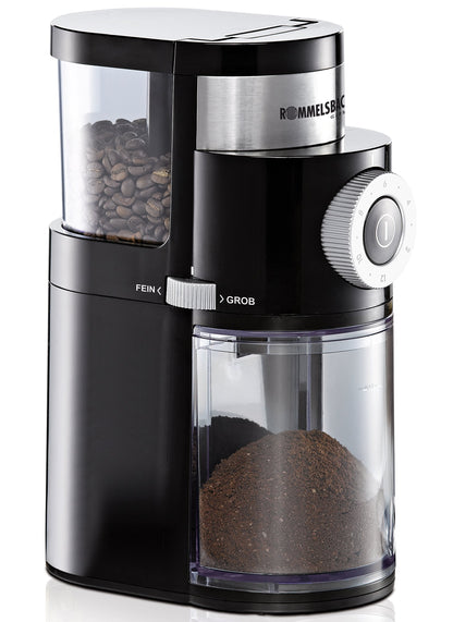 ROMMELSBACHER coffee grinder EKM 200 - gentle grinding with disc grinder, adjustable grind level from coarse to fine, 2-12 cups, 250g bean container capacity, 110 watts, black
