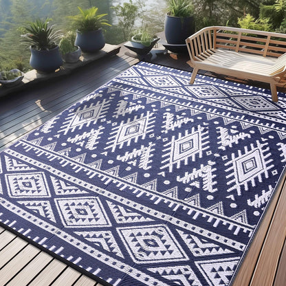 Homaxy outdoor rug weatherproof, plastic straw foldable washable UV-resistant reversible balcony garden rug for patio camping picnic (240 x 300 cm, navy blue & white)