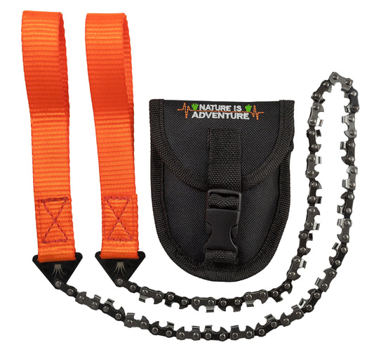 More bite with 33 carbon steel teeth - Nature is Adventure hand chainsaw with belt pouch - Premium survival branch saw garden saw for camping, garden, & outdoor accessories.
