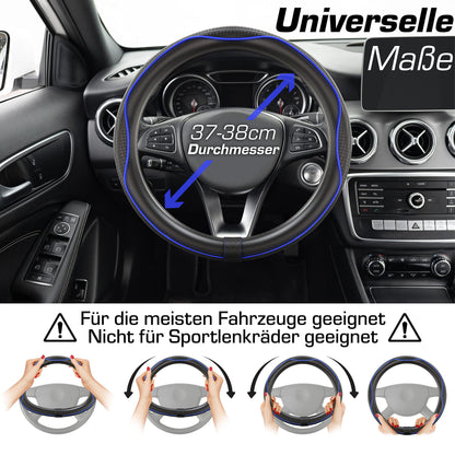 Upgrade4cars steering wheel cover Blue Black in leather look | Steering wheel cover Universal 37-38 cm for summer & winter | Car accessories interior gift ideas | Gifts for women and men