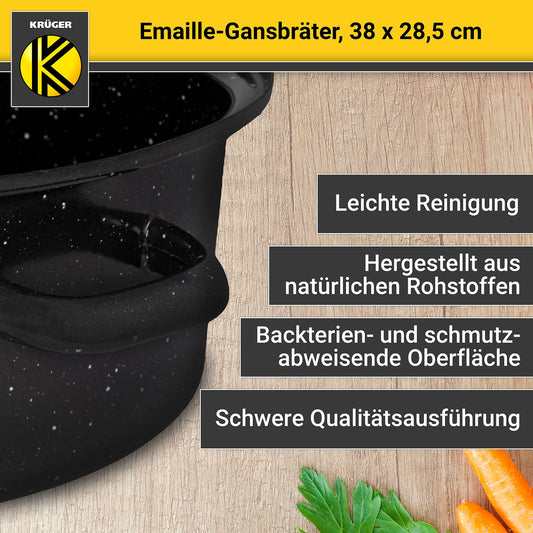 Krüger enameled goose roaster with drip lid - high-quality roaster - suitable for all stove types - excellent for roasts and poultry (enamel - black-white speckled (38 x 28.5 cm))
