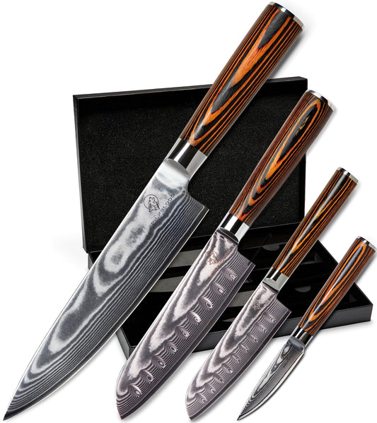 Wolfblood 4-piece damascus knife set (32, 30, 24, and 20 cm) Professional damascus kitchen knife set made of genuine 67 layers of damascus steel I Set includes chef's knife, santoku knife, blade guard, and gift box