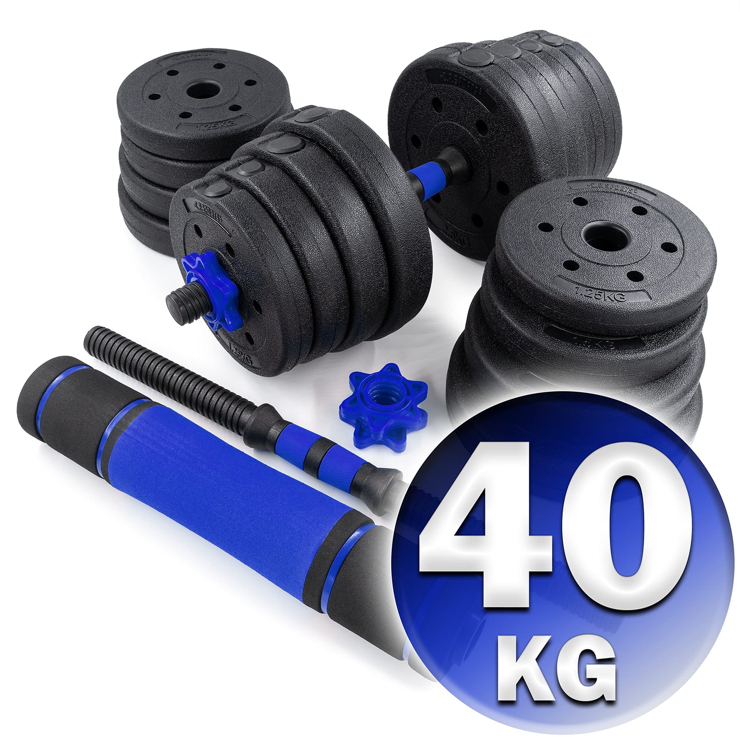 C.P. Sports 2in1 dumbbell & barbell set 30kg / 40kg | Weight plates - Weights - Barbell bars | Adjustable dumbbells - Barbell set for strength training, fitness, home gym (blue-black - 40kg set)