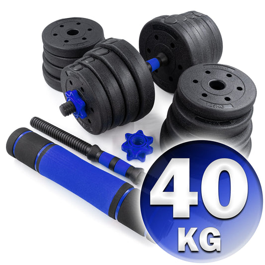 C.P. Sports 2in1 dumbbell & barbell set 30kg / 40kg | Weight plates - Weights - Barbell bars | Adjustable dumbbells - Barbell set for strength training, fitness, home gym (blue-black - 40kg set)