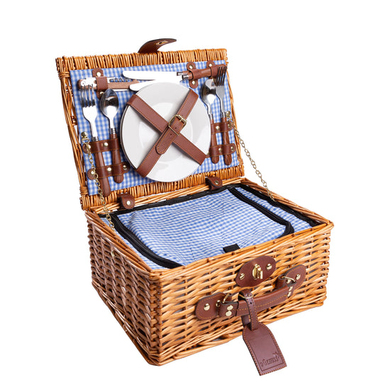 Enjoy willow wicker picnic basket for 2 with cooler & accessories – picnic set with utensils, porcelain plates, wine glasses – for camping, wedding & gift idea – BLUE