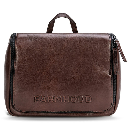 FARMHOOD Memphis Women/Men Leather Toiletry Bag | large cosmetic bag with hook for hanging | many compartments with zipper | Beauty case 27 cm with zipper on the back