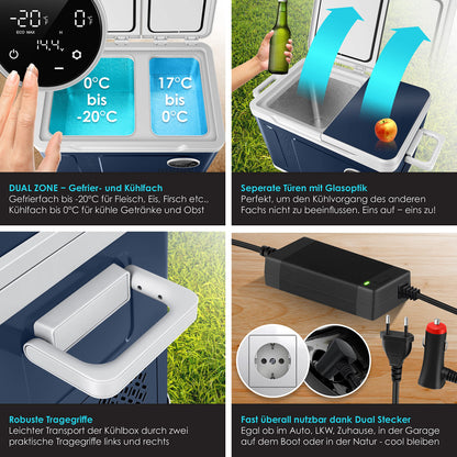 KESSER® Compressor Cooler Box 2in1 Dual Zone Cooling & Freezing Compartment 40 liters electric Freezer Box with 2x Cooling Packs & LED Touch Control | Refrigeration Cooling up to -20°C for Camping, Car, Truck 12/24V 230V