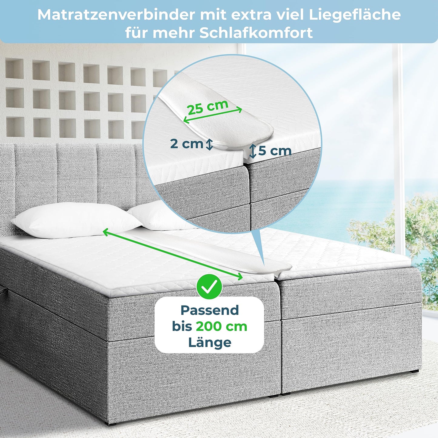 Rose core® Love bridge for mattresses 200 x 25 - [Quality from Germany] - Mattress gap filler in one piece - Bed gap filler - Mattress wedge for mattresses & toppers from 5 cm