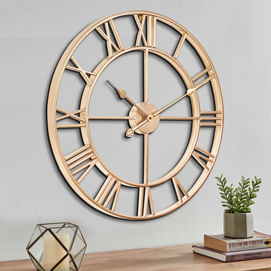 Large vintage-style wall clock, round, silent, gold. Includes ONE extra set of black clock hands. The metal clock is perfect for loft, living room, bedroom, and kitchen decor (black). (Gold, 60 cm)